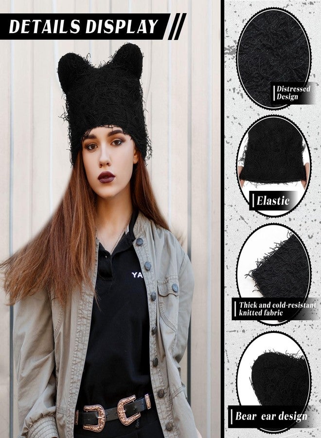 Funnysoft Cute Fuzzy Bear Ear Beanie Distressed Knitted Bear Beanie Y2K for Women Men Warm Furry Knitted Crochet Hat Thick Slouchy Black Bears Ears Hat for Winter Outdoor - Image 4